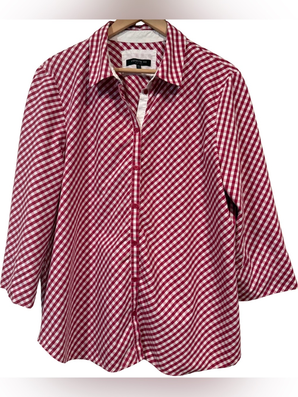 Lafayette 148 New York Gingham Button Up Shirt XXL Stretch Cotton Raspberry